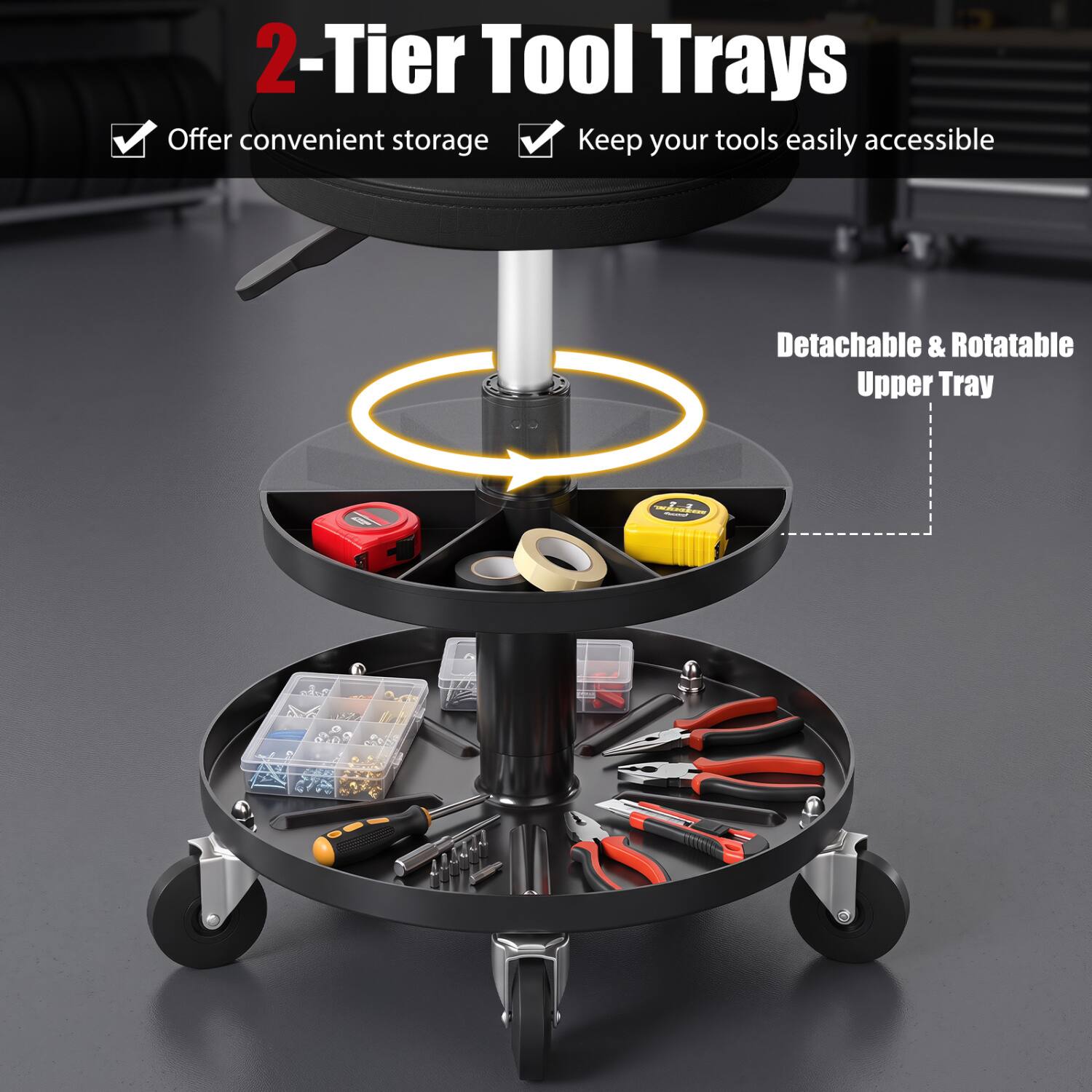 2-Tier Tool Trays Offer convenient storage Keep your tools easily accessible  
Detachable & Rotatable Upper Tray  
www.derstock.com