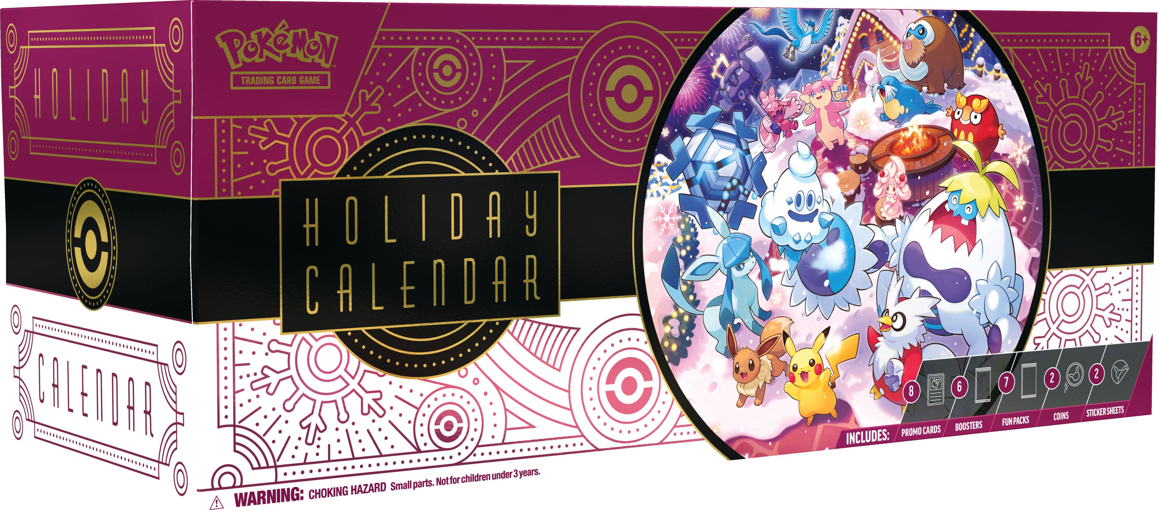 Pokemon Trading Card Game Holiday Calendar for children under 3 years old. This calendar includes 6+ holiday cards, 2 coins, and 2 sticker sheets. It is not for children under 3 years old due to choking hazard. The calendar is designed for children and is a fun way to celebrate the holidays.