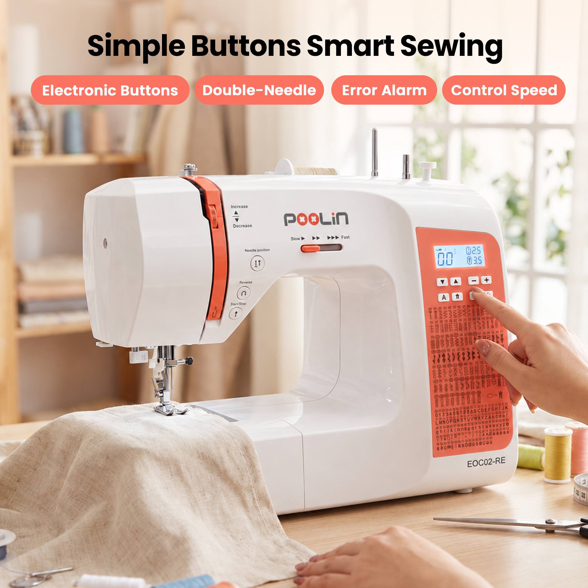 Poolin EOC02 RE Electronic Sewing Machine, 200 Built in Stitches, LCD ...