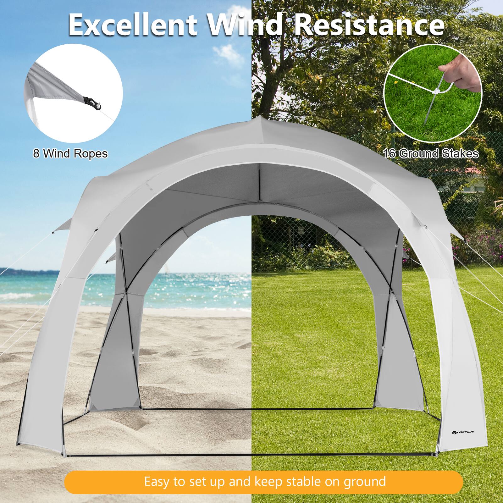 The text on the image reads: "Excellent Wind Resistance 8 Wind Ropes 16 Ground Stakes - Easy to set up and keep stable on ground."