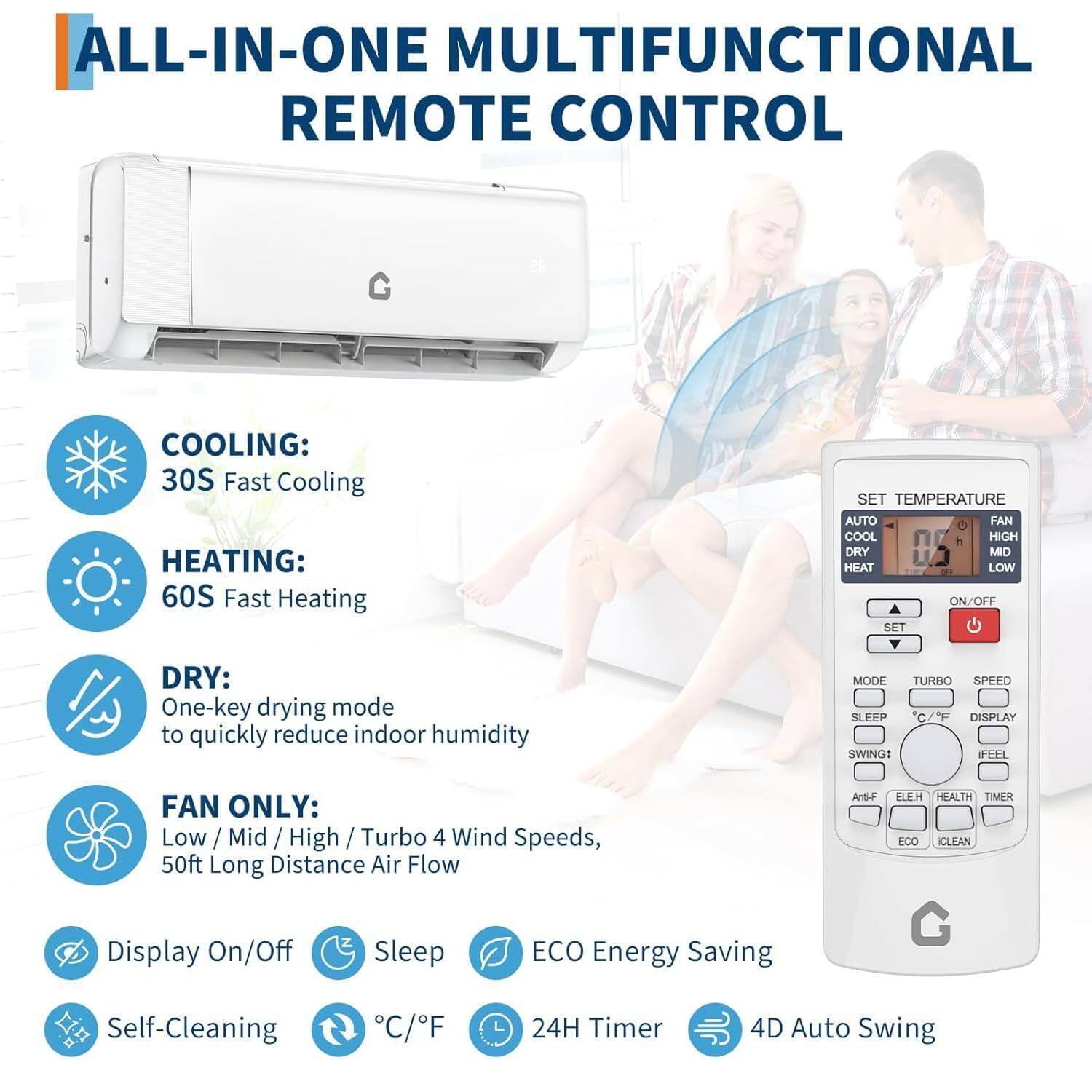 **ALL-IN-ONE MULTIFUNCTIONAL REMOTE CONTROL**

- **COOLING:** 30S Fast Cooling
- **HEATING:** 60S Fast Heating
- **DRY:** One-key drying mode to quickly reduce indoor humidity
- **FAN ONLY:** Low / Mid / High / Turbo 4 Wind Speeds, 50ft Long Distance Air Flow
- **Display On/Off**
- **Sleep**
- **Self-Cleaning**
- **°C/°F**
- **24H Timer**
- **4D Auto Swing**
- **ECO Energy Saving**

**Additional Features:**
- **Anti-F**
- **EEH**
- **HEALTH TIMER**
- **ECO**
- **CLEAN**