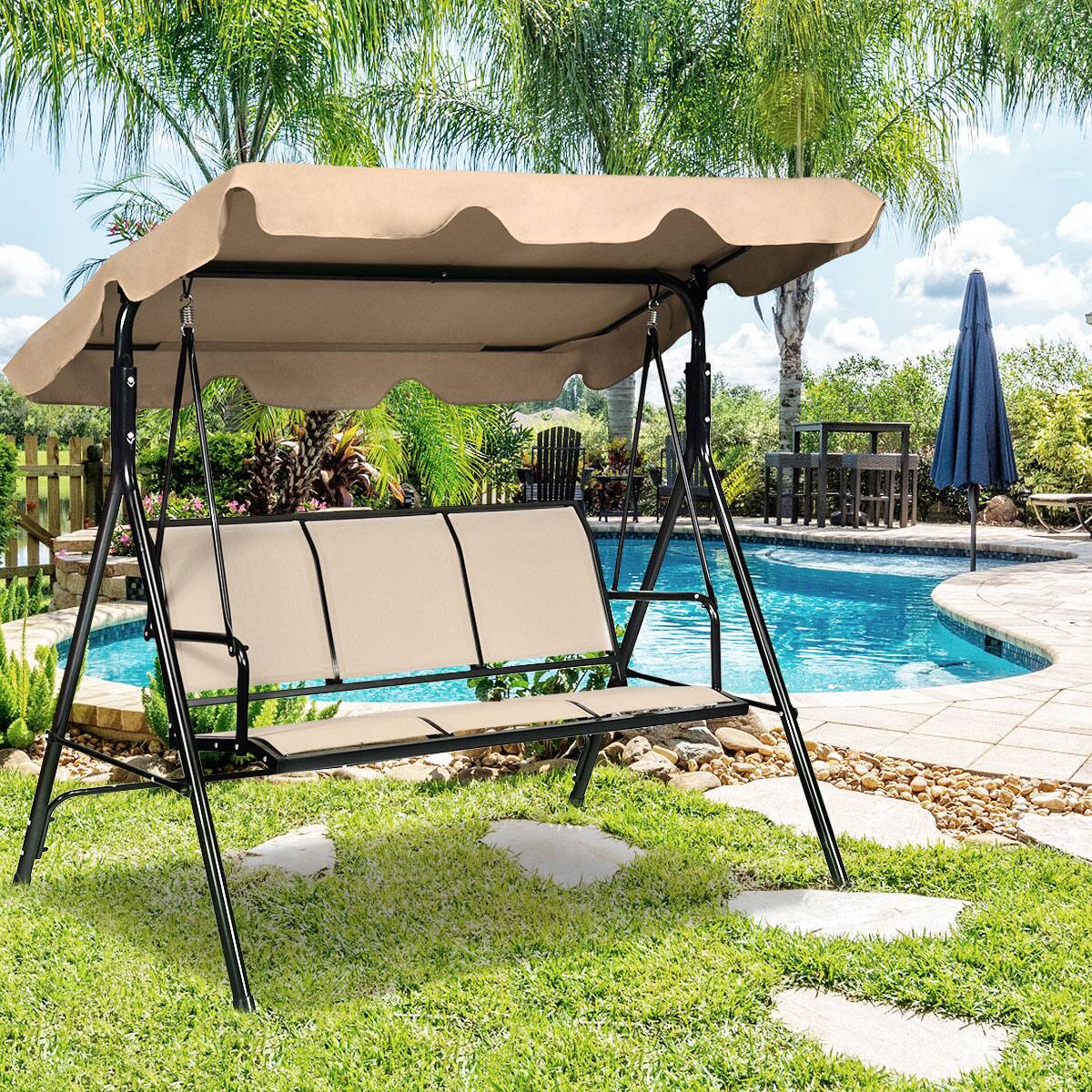 Alt View 9. Gymax - Gymax Brown Outdoor Swing Canopy Patio Swing Chair 3 Person Canopy Hammock - Brown.