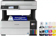 The image features an Epson printer with a tank of ink and a bottle of ink. The printer is designed for superior performance, powered by PrecisionCore Technology. The ink cartridges are available in various colors, including black, magenta, and cyan. The printer is displayed on a white background, and the ink cartridges are arranged in front of the printer.