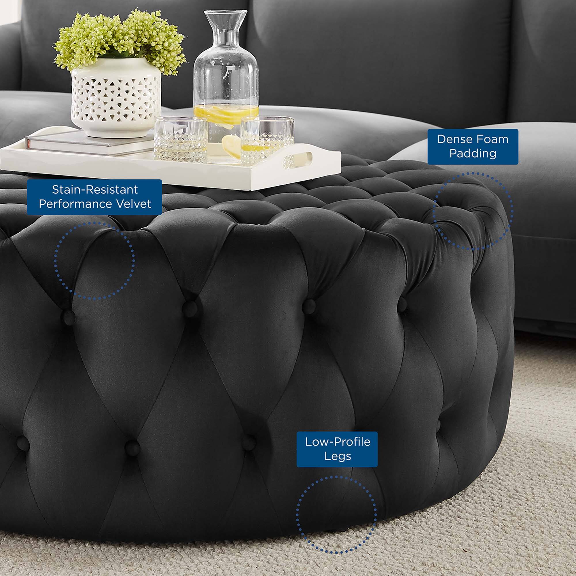- Stain-Resistant Performance Velvet
- Dense Foam Padding
- Low-Profile Legs