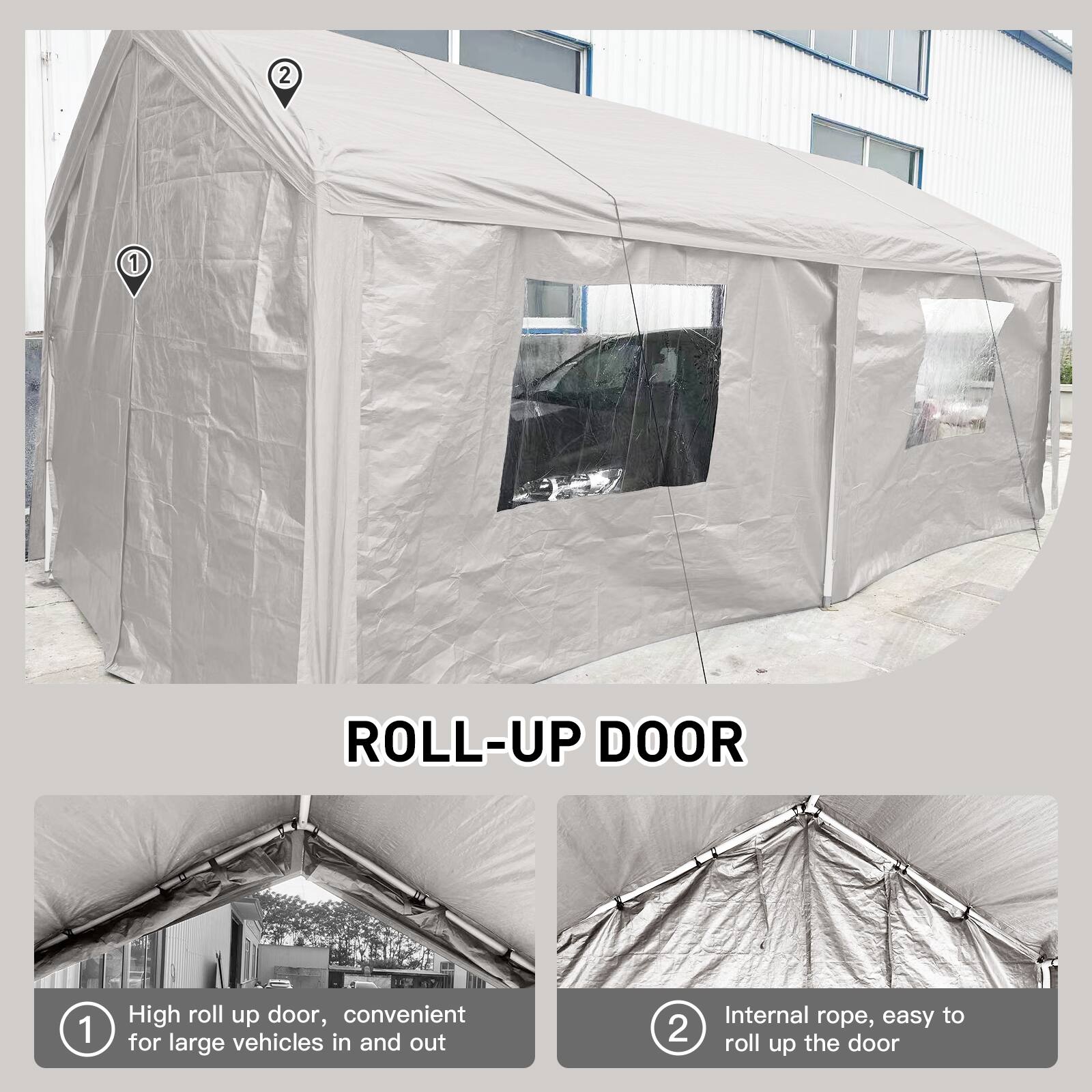 1. High roll up door, convenient for large vehicles in and out

2. Internal rope, easy to roll up the door

ROLL-UP DOOR