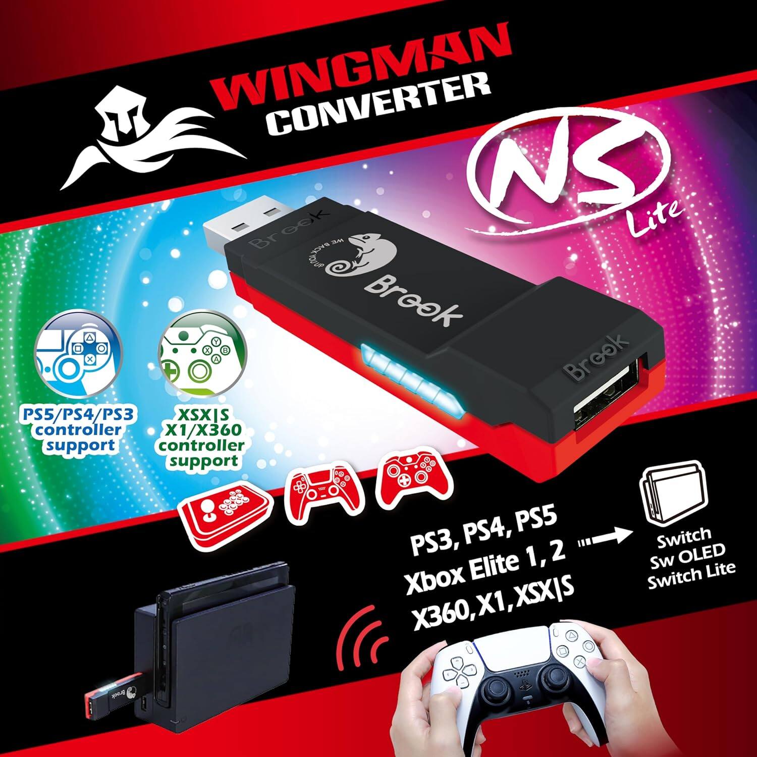 WINGMAN CONVERTER NS Lite Br -M 9 ant Brook x Brook Br PS5/PS4/PS3 XSXIS controller X1/X360 support controller support PS4, PS5 PS3, Switch Elite 1,2 Sw OLED Switch Lite Xbox XSXIS X360,X1,XSXIS X360, X1