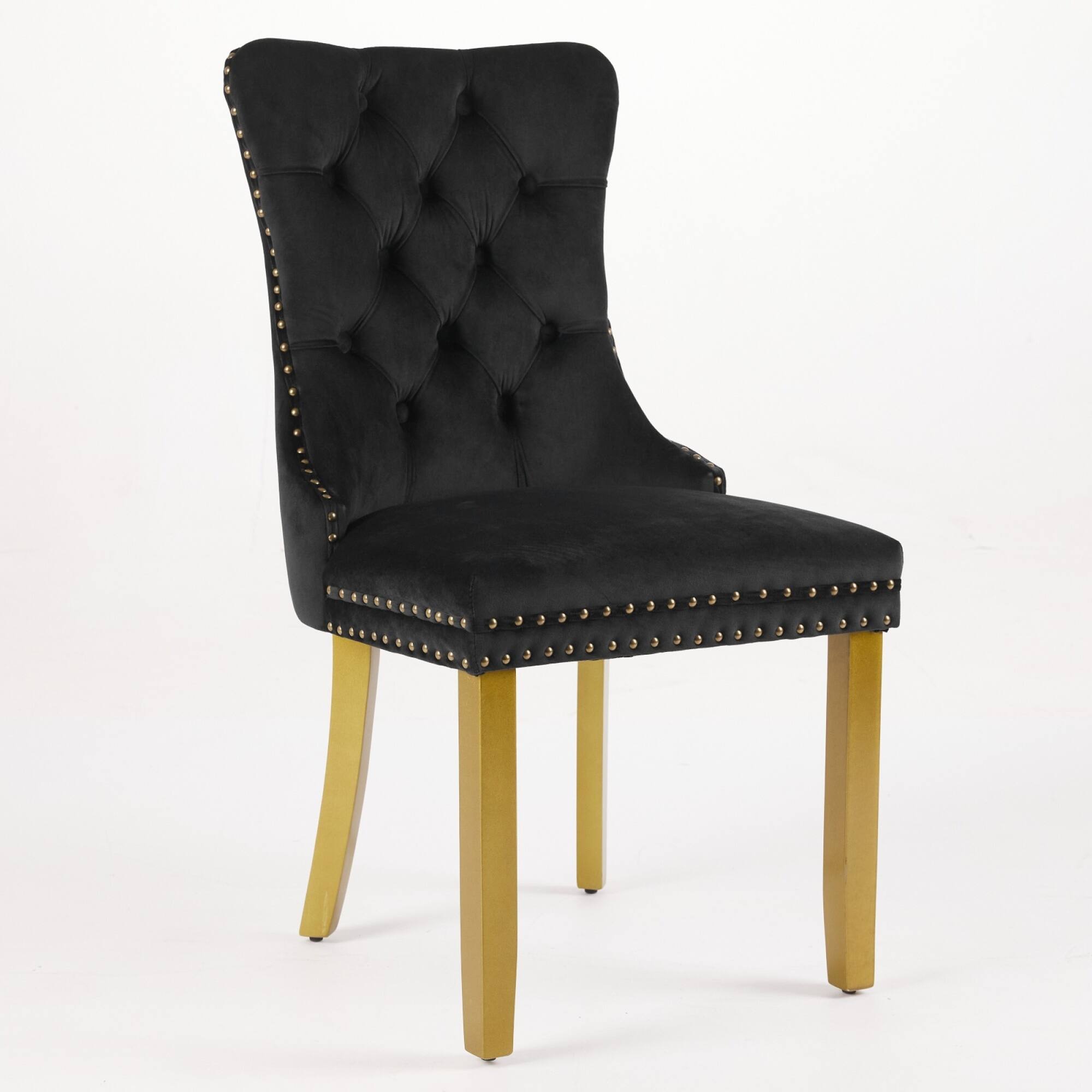 Left. GOODSILO - Modern Tufted Velvet Dining Chairs with Lion Head Pull Rings and Golden Wooden Legs, Set of 2 - Black.