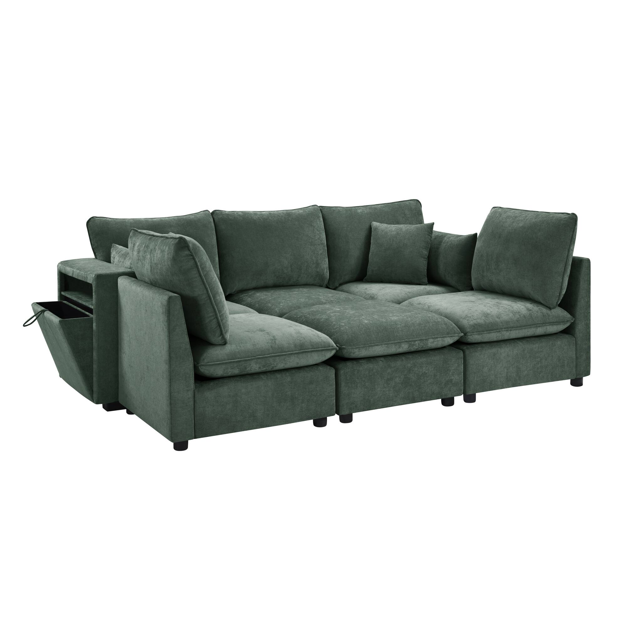 Left. Whisen - Modular Sectional Sofa U-Shaped Couch with Ottoman, Storage Armrests and USB Ports - Green.