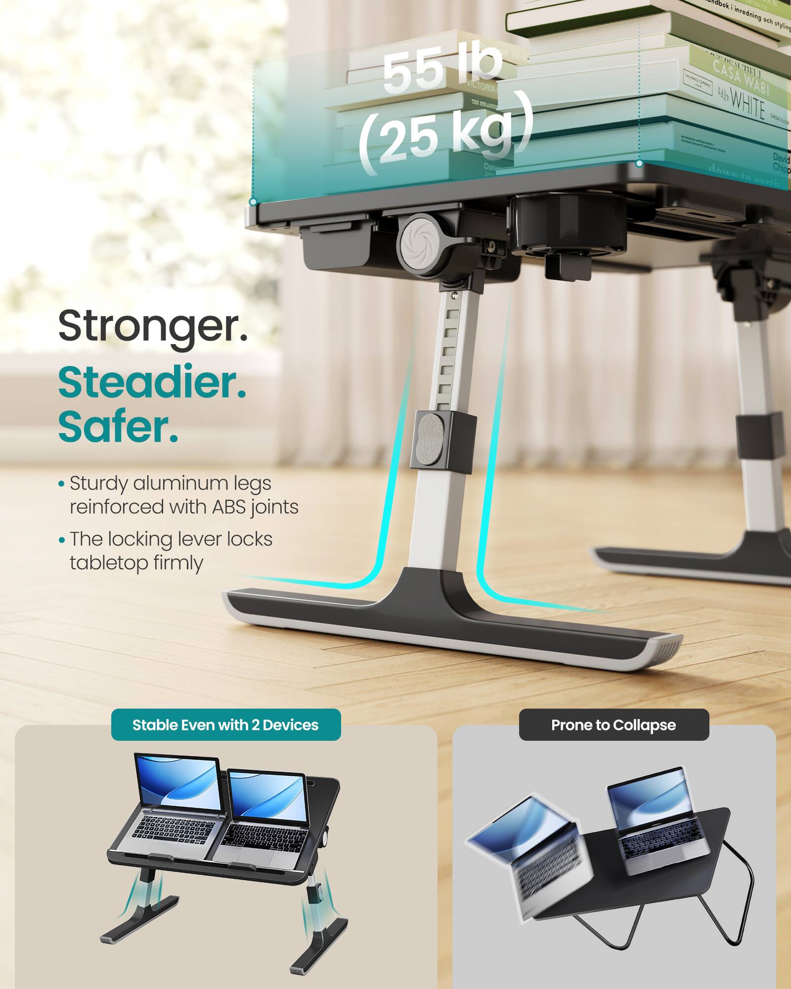 55 lb (25 kg) VICTORIA - T30

CASA WABI WHITE

Stronger. Steadier. Safer.

- Sturdy aluminum legs reinforced with ABS joints
- The locking lever locks tabletop firmly

Stable Even with 2 Devices

Prone to Collapse
