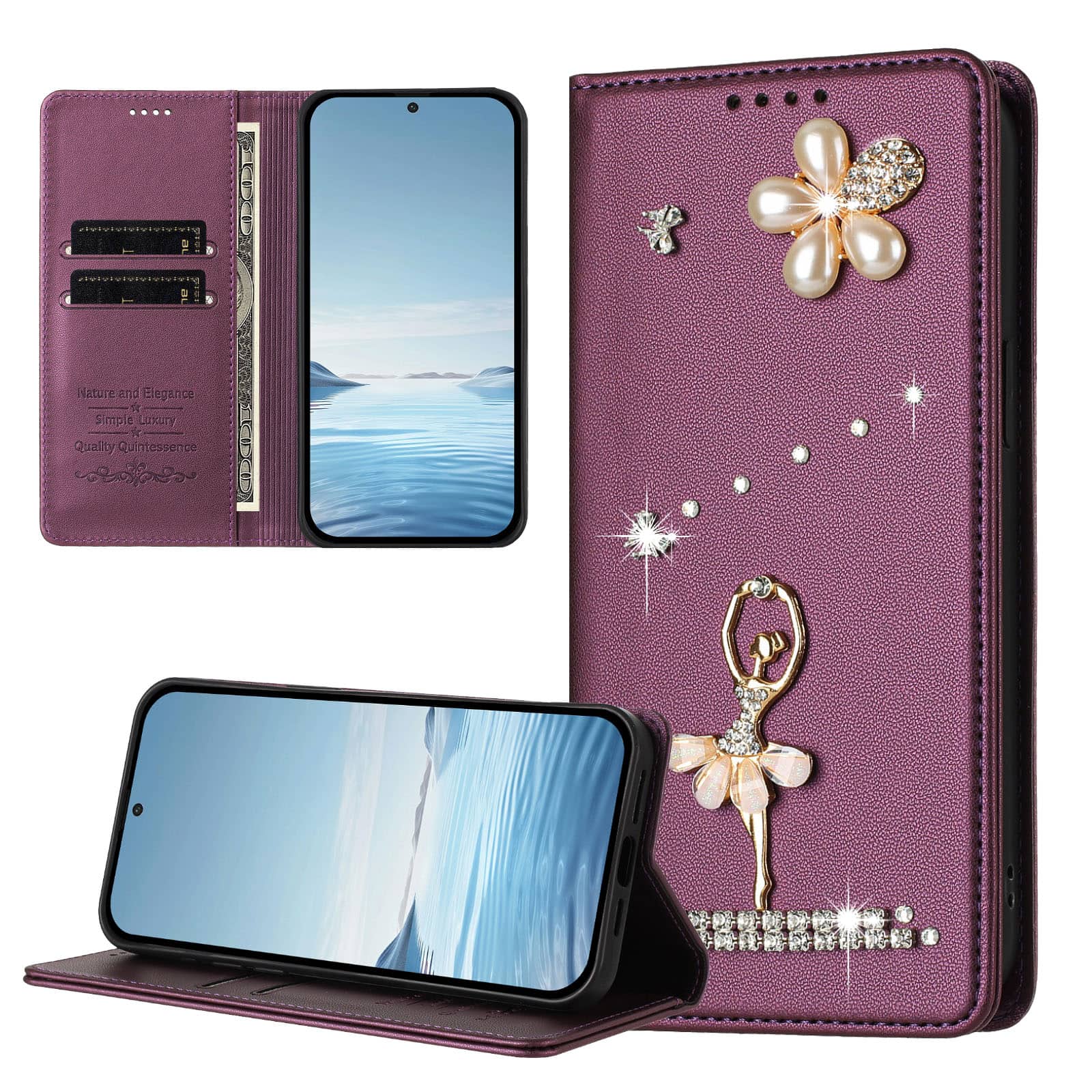 Dteck - 3D Bling Ballerina Wallet Case for Samsung Galaxy A17 5G, RFID Blocking PU Leather Flip Cover with Card Slots - Darkpurple