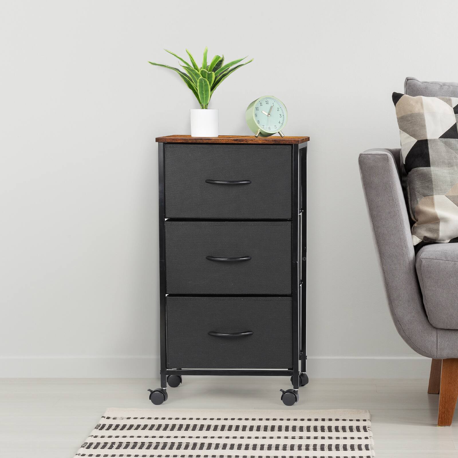 Alt View 2. Oumilen - 3-Drawer Rolling Fabric Storage Cart with Rustic Wood Top, Black - Black.