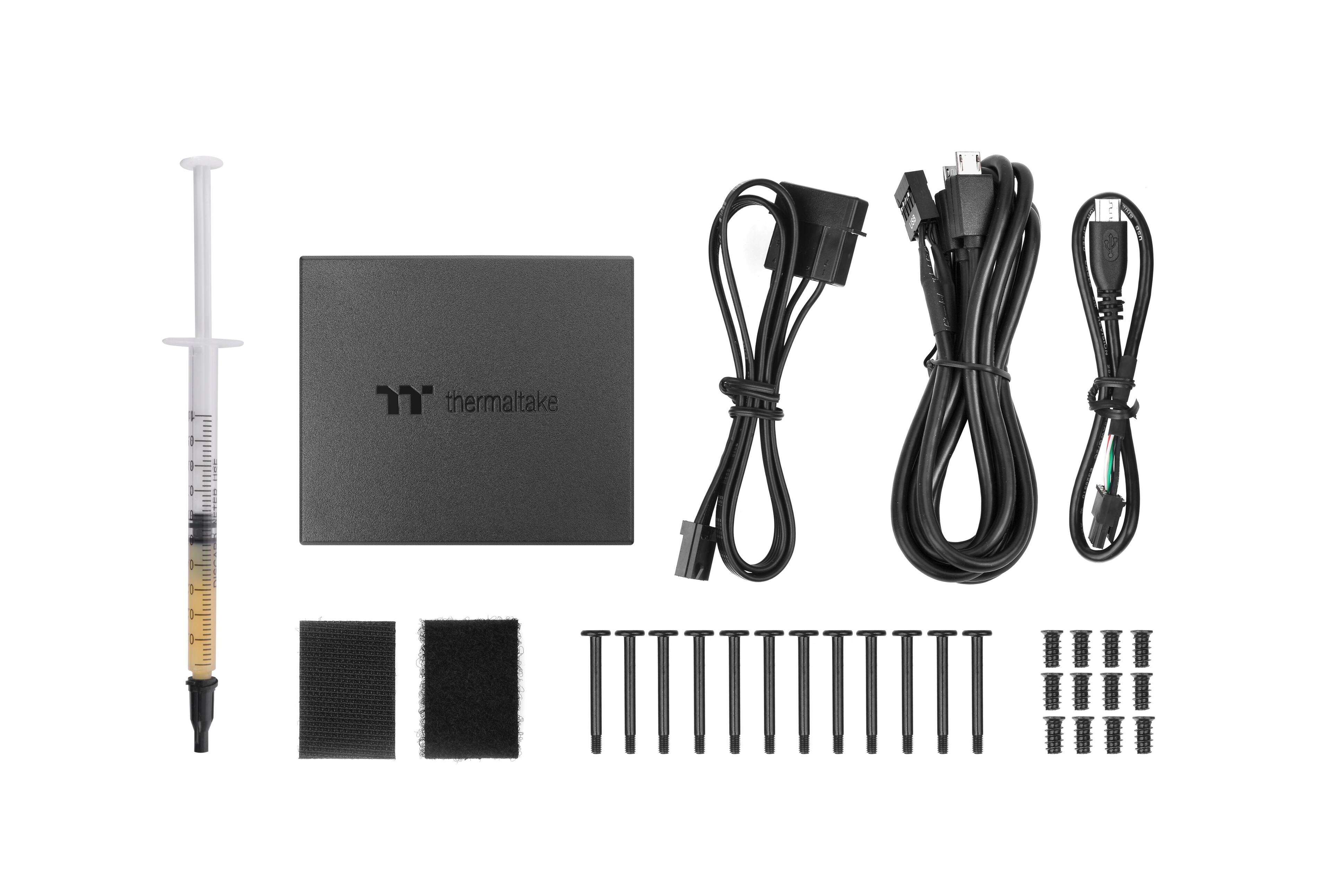 The text on the image reads "E I - : 1 T thermaltake & I IIII IIII." This text is likely a description or instructions for the electronic device. The text can be grouped as follows:

1. "E I - : 1 T thermaltake & I IIII IIII"

The text is describing a device that has a thermaltake component and is accompanied by a set of cords. The cords are likely used for connecting the device to other electronic equipment or for charging purposes.
