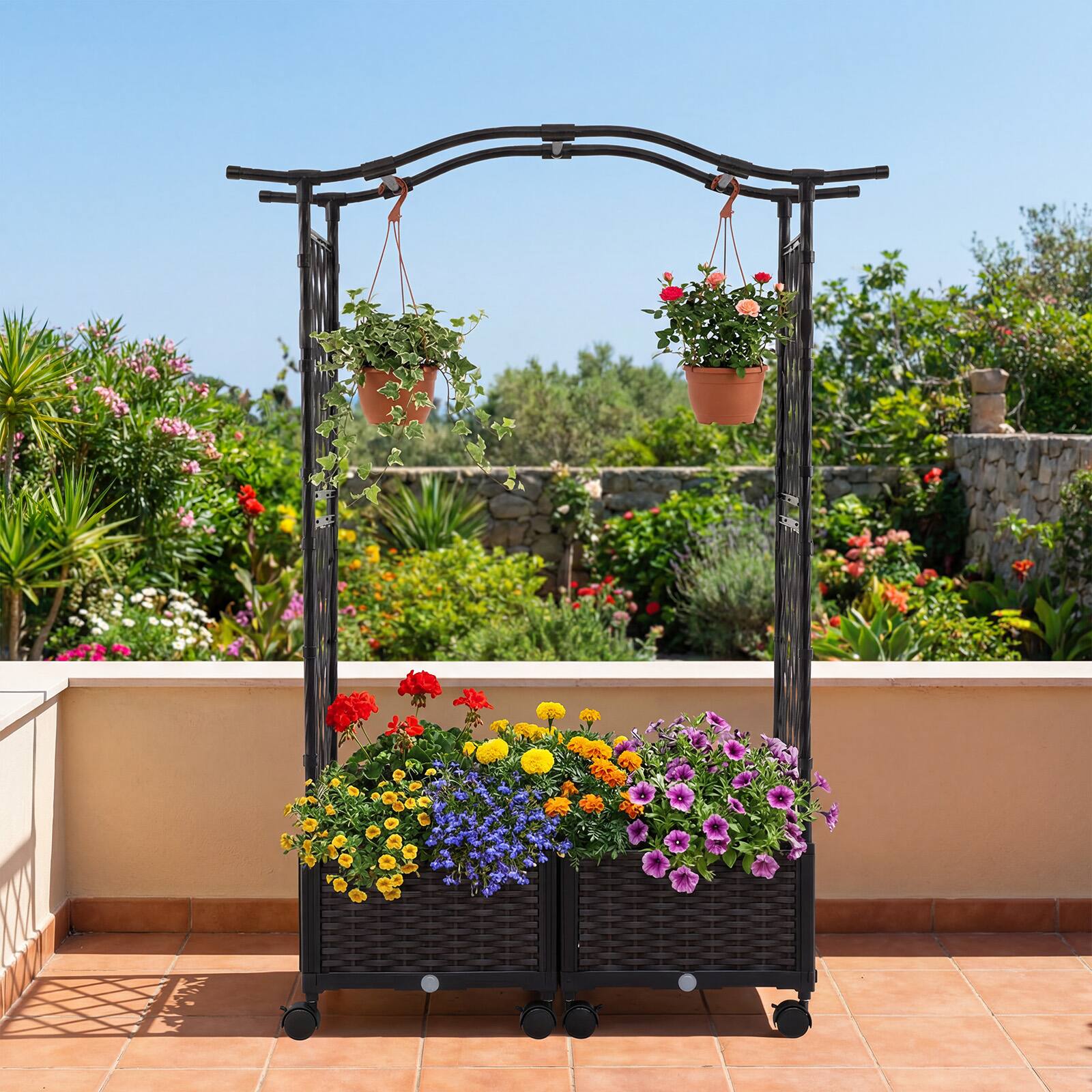 Alt View 3. Gymax - Gymax 2PCS 5 FT Self-Watering Planter Boxes w/Lattice Trellis & Roof Lockable Wheels - Brown.