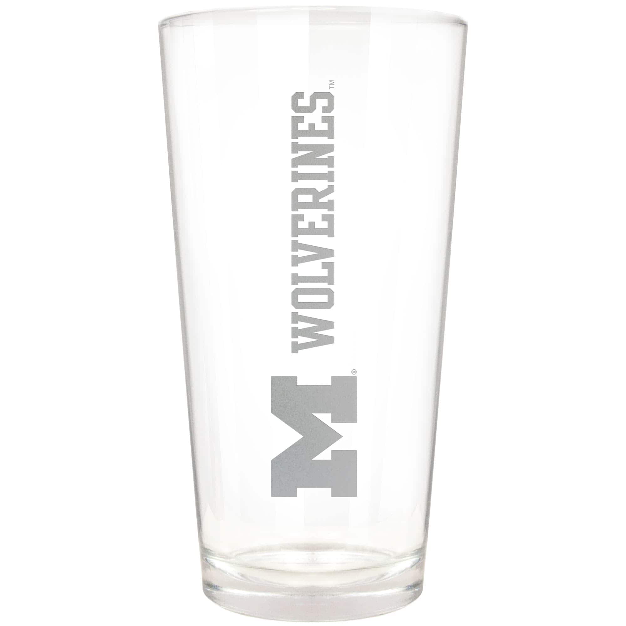Front. Great American Products - Michigan Wolverines Etched 16oz. Vertical Rally Cry Pint Glass - Multicolor.