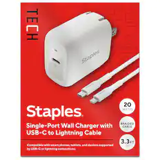 TECH PD 2011 Staples
Staples Single-Port Wall Charger with USB-C to Lightning Cable
20 WATTS
BRAIDED CABLE
3.3FT 1M
Compatible with smart phones, tablets, and devices supported by USB-C or lightning connections.