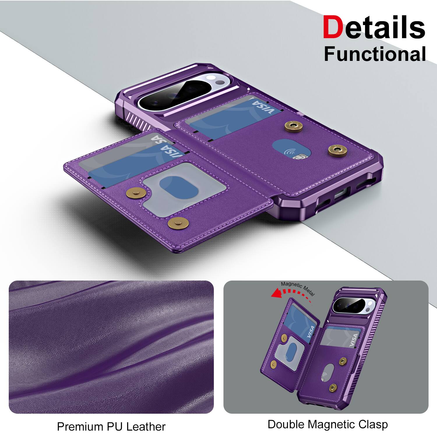 Details  
Functional  

Premium PU Leather  

Double Magnetic Clasp  

Magnetic Metal