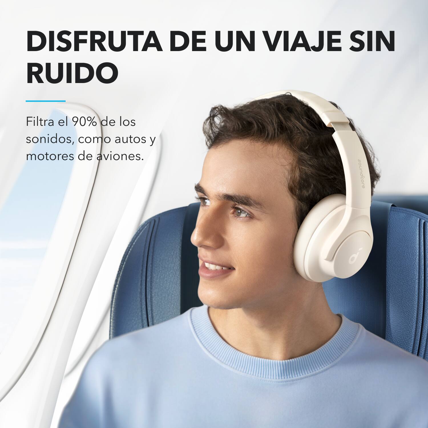 DISFRUTA DE UN VIAJE SIN RUIDO  
Filtra el 90% de los sonidos, como autos y motores de aviones.  
soundcore