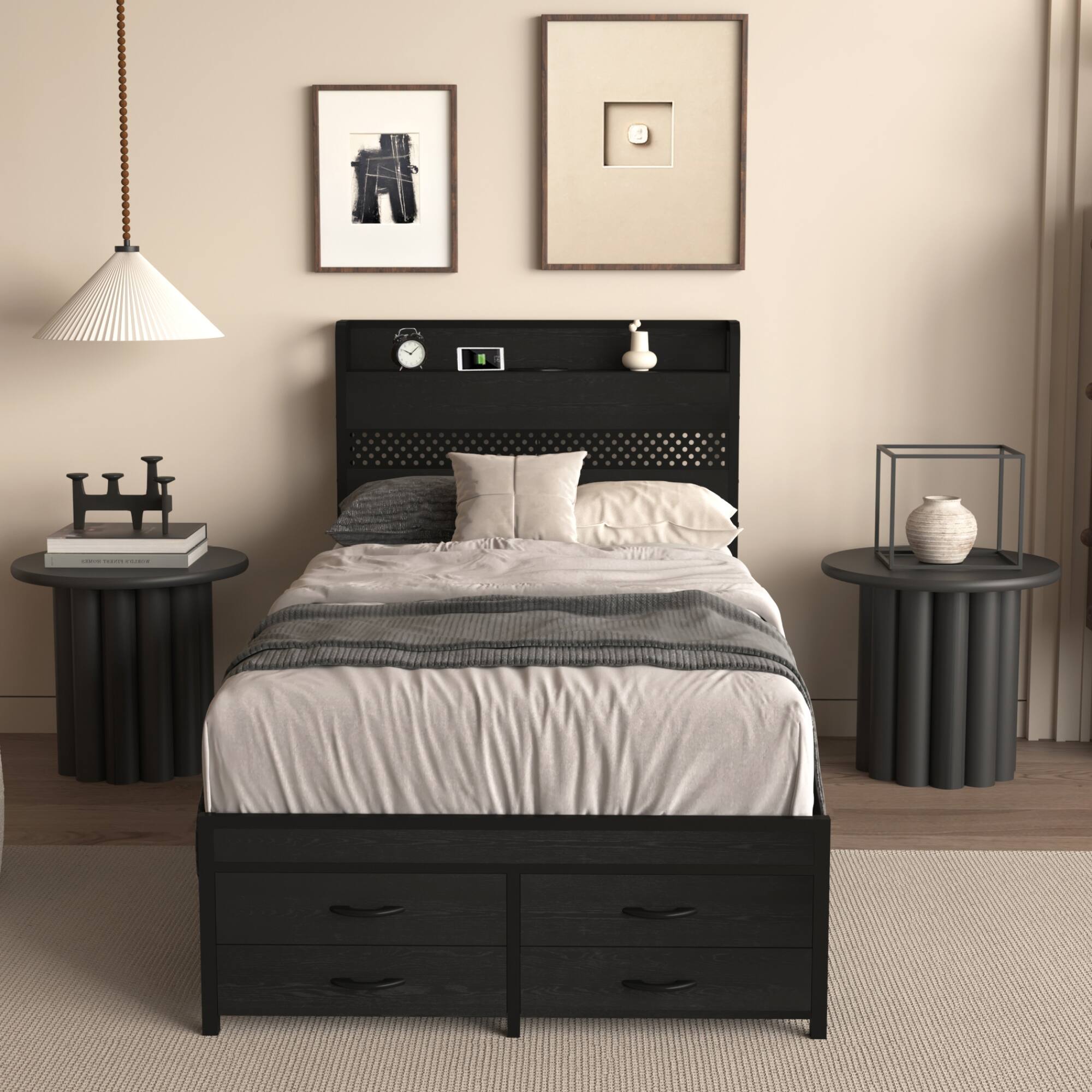 Left. GOODSILO - Twin Size Platform Bed Frame with Storage Drawers and LED Lighting, No Box Spring Needed - Black.