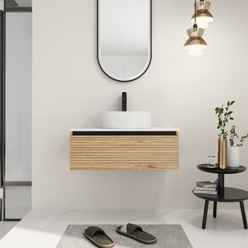 Angle. Loheer - Loheer 30 inch wall mounted bathroom vanity with white art ceramic sink and soft close drawer - Light Coffee.