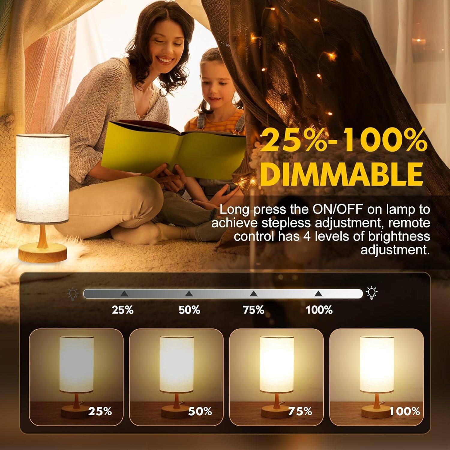 25%-100% DIMMABLE

Long press the ON/OFF on lamp to achieve stepless adjustment, remote control has 4 levels of brightness adjustment.

25% 50% 75% 100%