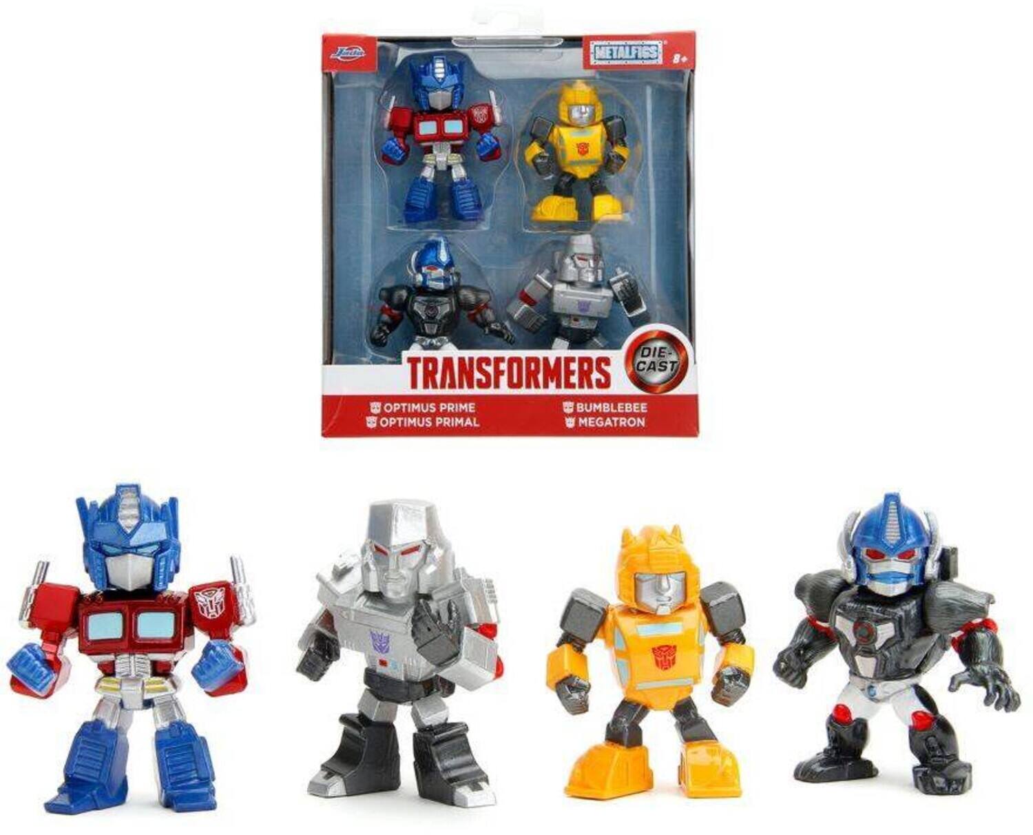 The text on the image is: "Fcei METALFIGS 8 DIE CAST TRANSFORMERS OPTIMUS PRIME BUMBLEBEE OPTIMUS PRIMAL MEGATRON."

Corrected and grouped text: "Fcei METALFIGS 8 DIE CAST TRANSFORMERS: OPTIMUS PRIME, BUMBLEBEE, OPTIMUS PRIMAL, MEGATRON."