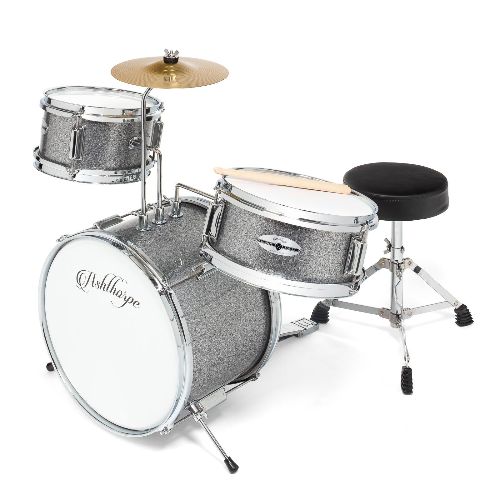 Ashthorpe - Beginner Drum Kit with Brass Cymbals (Set of 3) - Silver