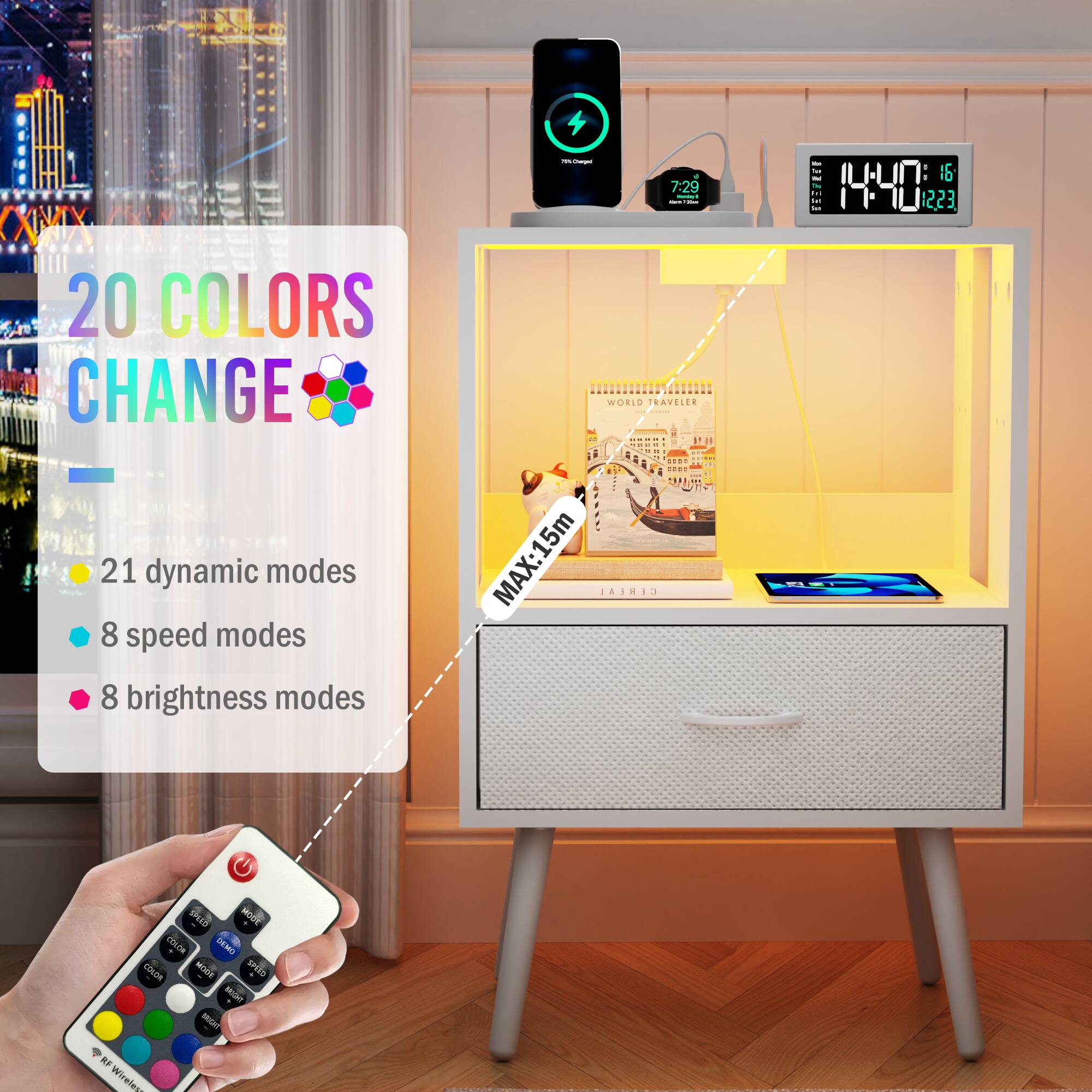 -.. - - 7:29 I : : 16 BERERCR 440 223 20 COLORS CHANGE 21 dynamic modes 8 speed modes 8 brightness modes WORLD TRAVELER I MAX:15m GERIAL TUED HOSE TOLER DEMO - COoOR MOdE SPITD Min - Mica RF Wireless

Corrected text:
- 7:29
- 16
- 20 COLORS CHANGE
- 21 dynamic modes
- 8 speed modes
- 8 brightness modes
- WORLD TRAVELER
- MAX:15m
- GERIAL TUED HOSE TOLER
- DEMO
- COoOR MOdE SPITD Min
- Mica RF Wireless