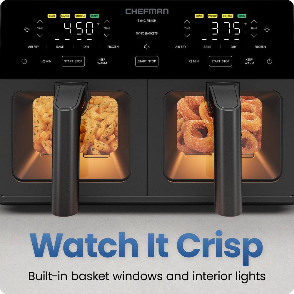 TIME AIR FRY CHEFMAN SHAKE PAUSED ON HOLD VEACY SYNC FINISH 1 450 TEMP TME SYNC BASKETS BAKE DRY FROZEN . AIR FRY SHAKE PAUSED 3 BAKE ON HOLD READE DRY TEMP FROZEN +2 MIN START STOP KEEP WARM START STOP +2 MIN START STOP KEEP WARM Watch It Crisp Built-in basket windows and interior lights