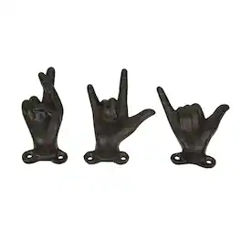 Zeckos - Set of 3 Brown Cast Iron Hand Gesture Wall Hooks - Black