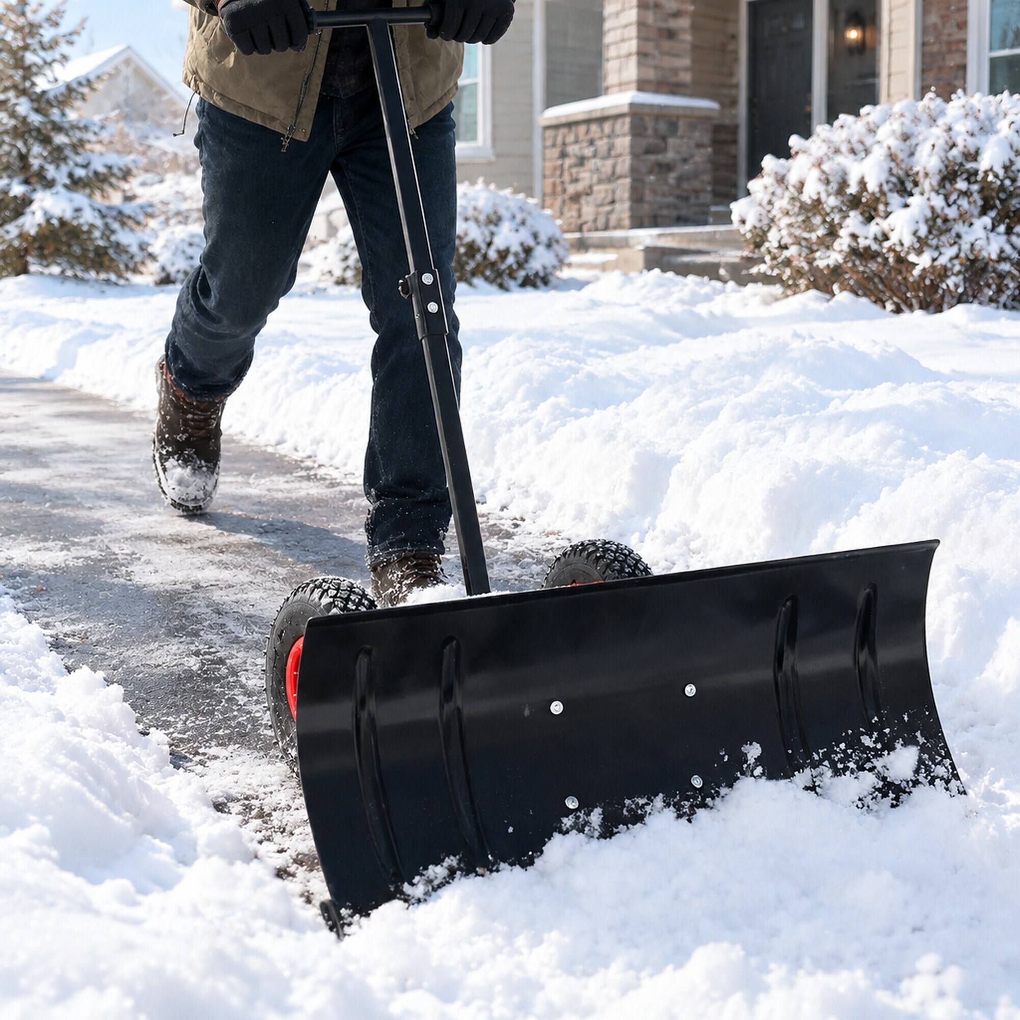 Left. RYHNUYNE - 30 in Wheeled Snow Pusher, Metal Blade, Adjustable Handle, 10 in Rubber Wheels, Black - Black.