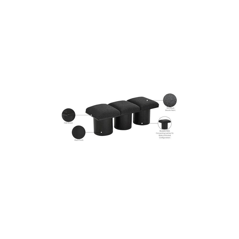 - Rich Black Boucle Fabric
- Black Finish
- Adjustable Latches Connecting Latches To Make Unlimited Configurations