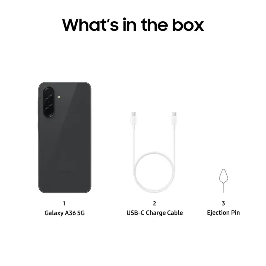 What's in the box: Galaxy A36 5G, 2 USB-C Charge Cable, 3 Ejection Pin