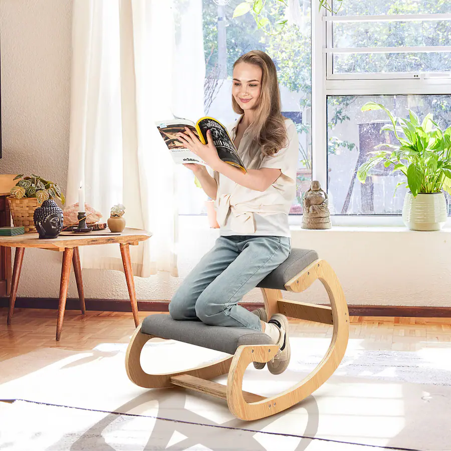 Gymax Ergonomic Kneeling Chair Wood Rocking Posture Stool w