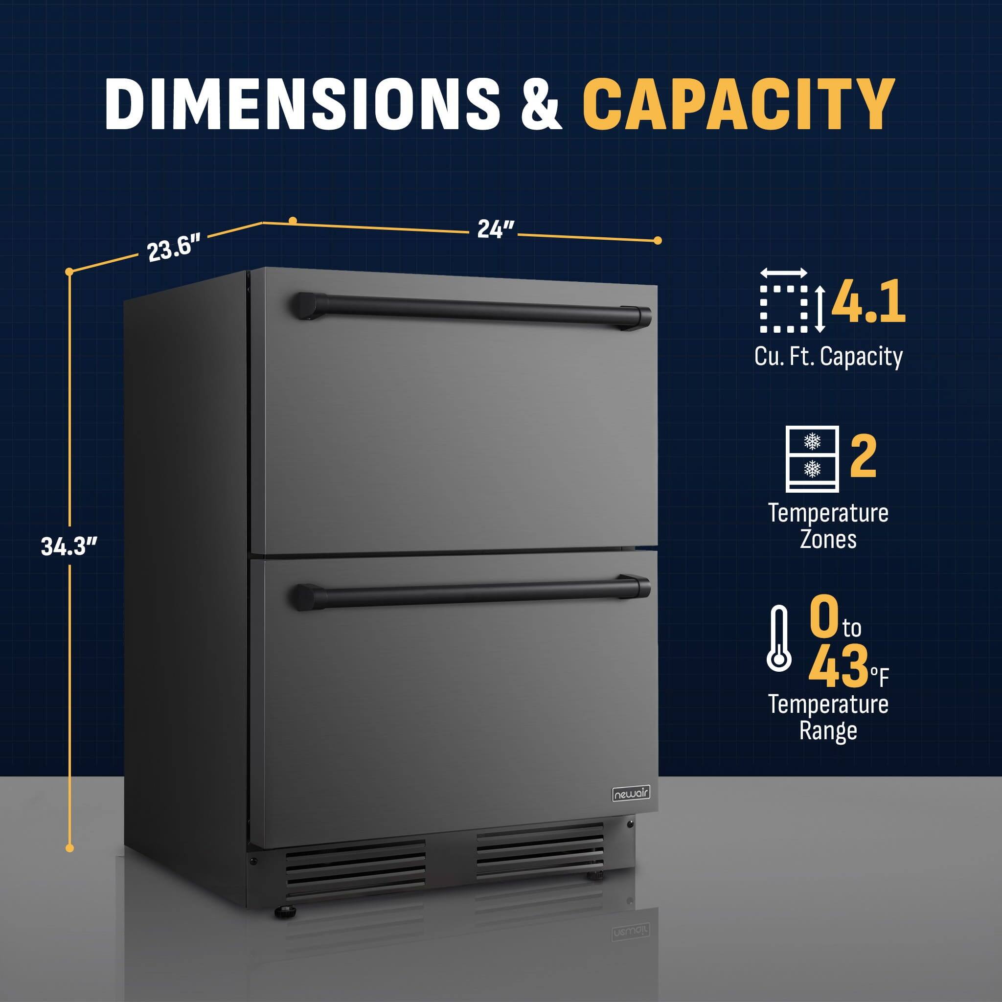 DIMENSIONS & CAPACITY

23.6" 24" 34.3"

4.1 Cu. Ft. Capacity

2 Temperature Zones

0 to 43 F Temperature Range