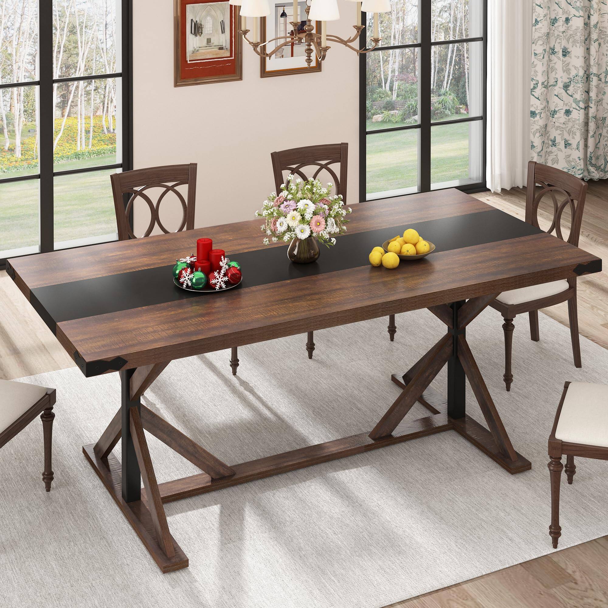 Angle. Lent Glitter Wood - 71" Farmhouse Dining Table for 6 Waterproof Wood Tabletop & Wood Strip Base - Brown.