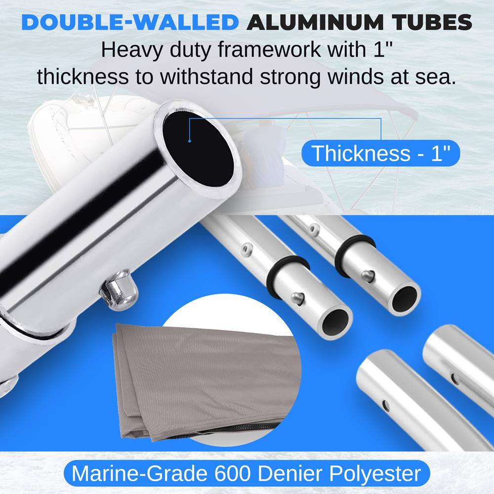 DOUBLE-WALLED ALUMINUM TUBES  
Heavy duty framework with 1" thickness to withstand strong winds at sea.  
Thickness - 1"  
Marine-Grade 600 Denier Polyester