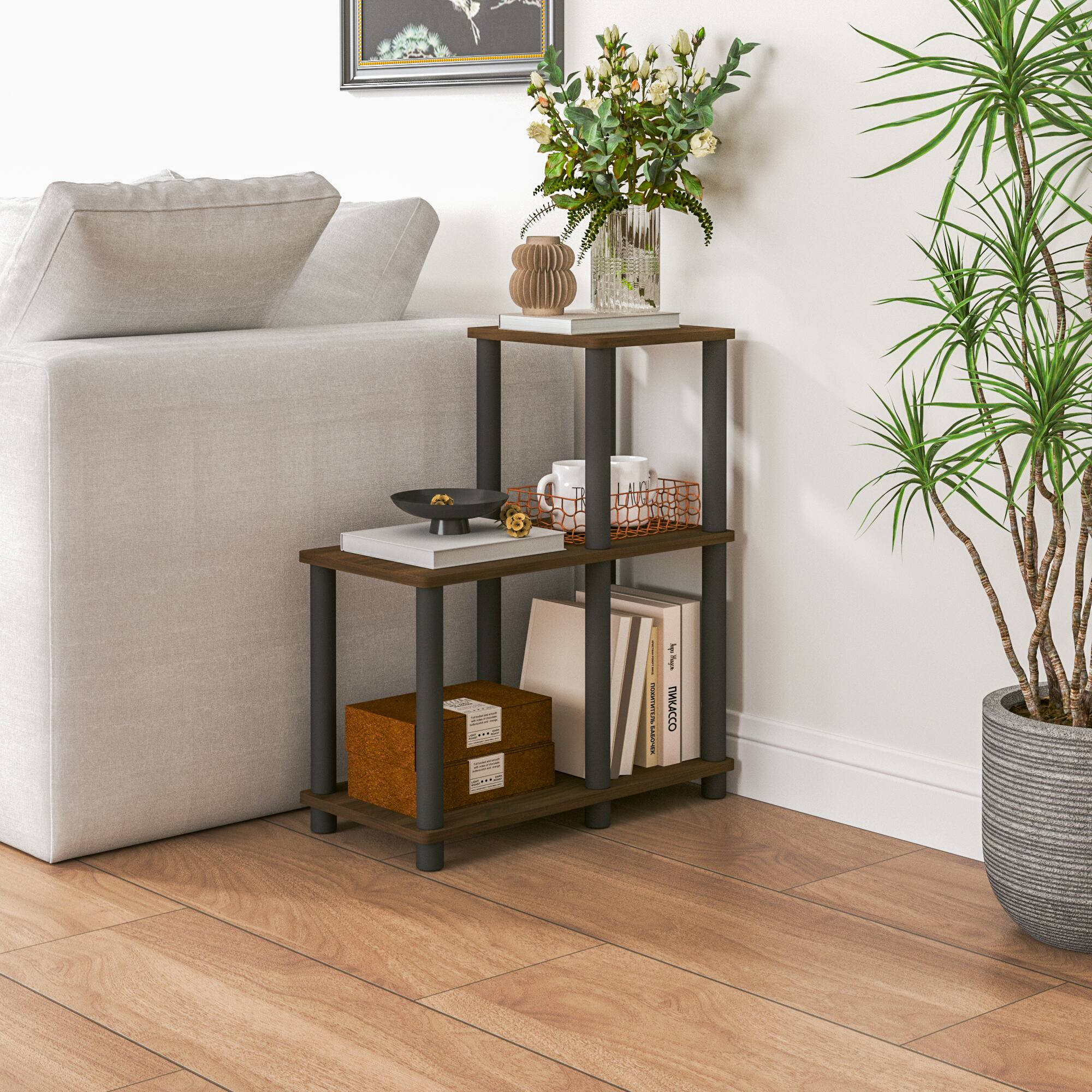 Front. HOMLUX - 3-Tier 19.88" L-Shaped Corner Shelf Open Shelves for Display for Living Room and Office Organization Walnut & Black - Columbia Walnut & Black.