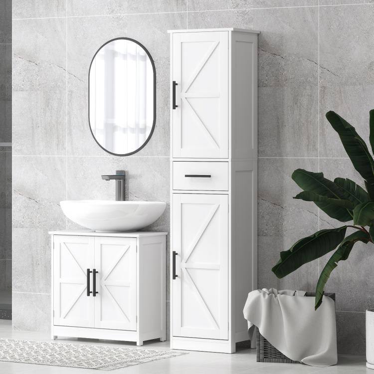 Alt View 2. PULUZ - Farmhouse Pedestal Sink Storage Cabinet, Bathroom Sink Cabinet with 2 Barn Doors and Adjustable Shelf - White.