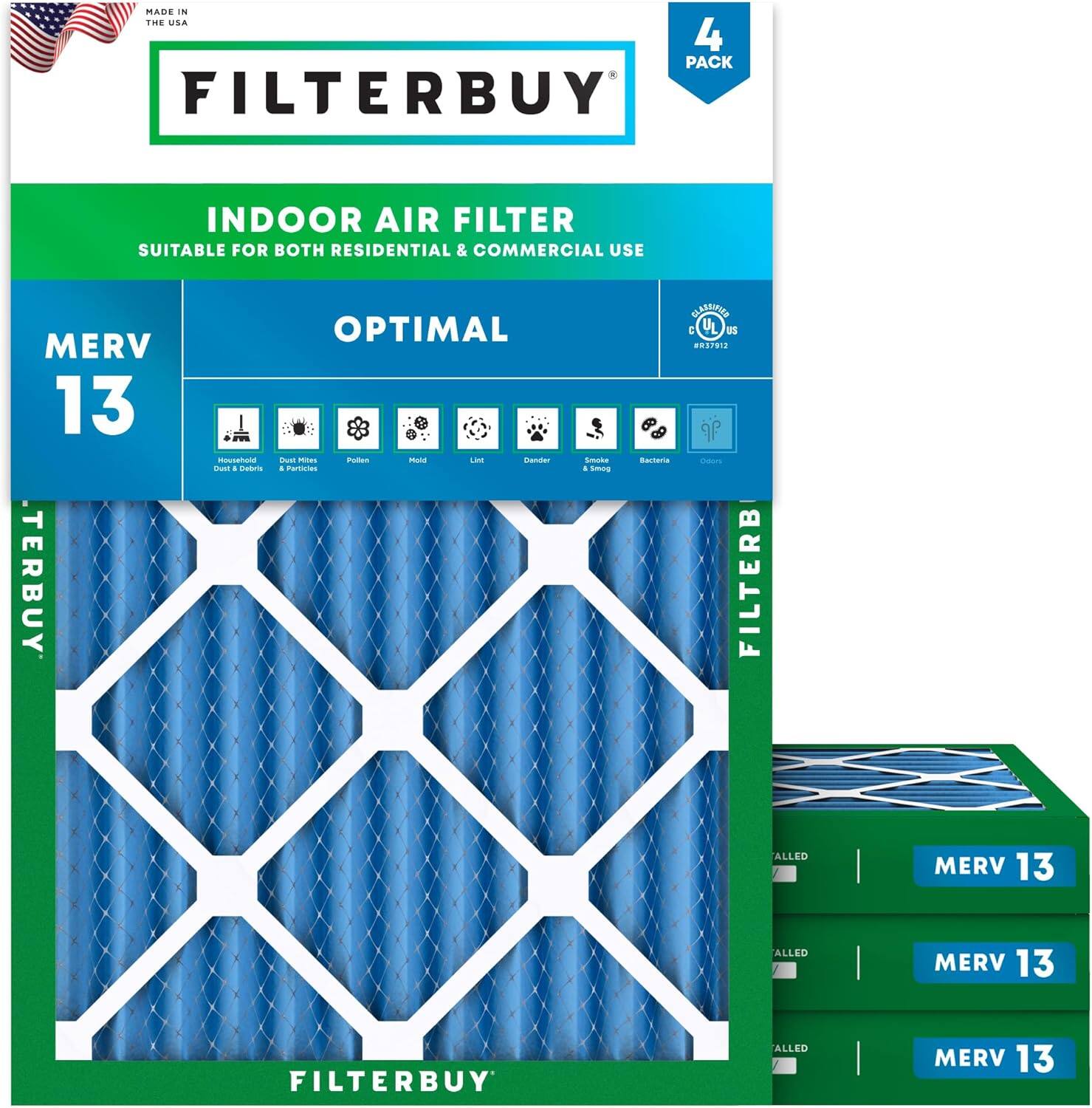 Filterbuy - 21x23.25x2 MERV 13 Smoke & Allergy Defense, Electrostatic Pleated HVAC AC Furnace Air Filters Replacement (4-Pack) - Blue