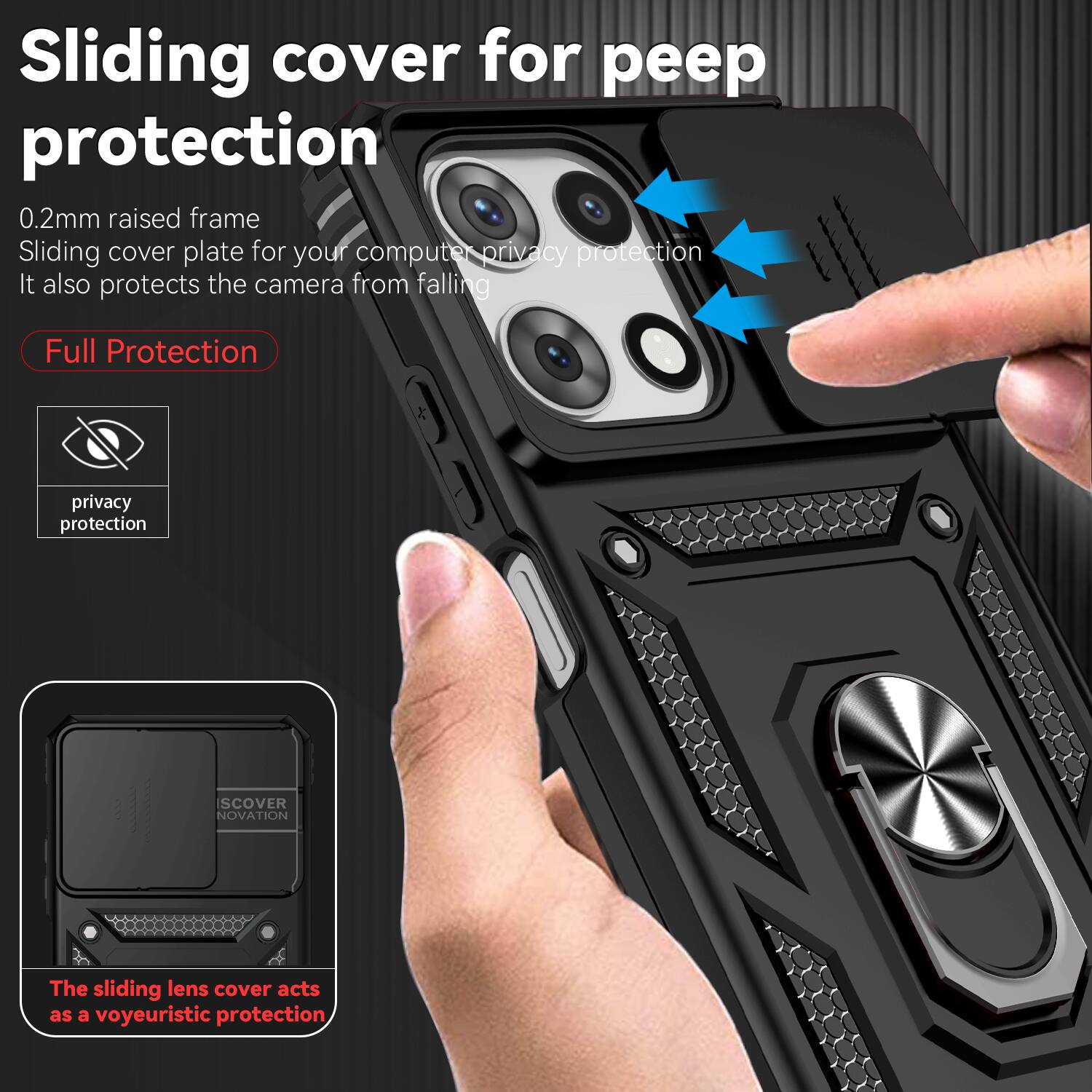Sliding cover for peep protection

0.2mm raised frame  
Sliding cover plate for your computer privacy protection  
It also protects the camera from falling

Full Protection

The sliding lens cover acts as a voyeuristic protection