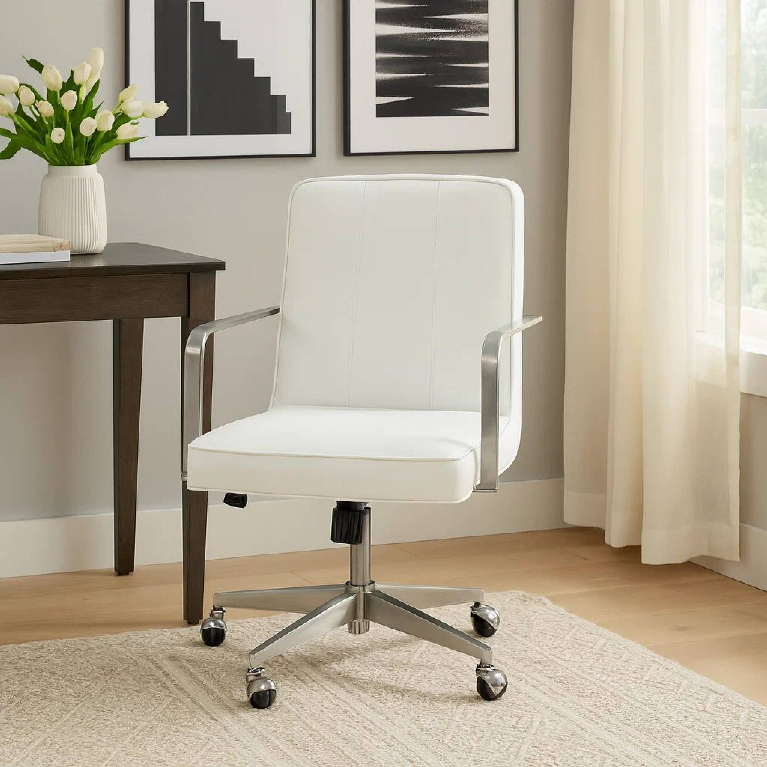 Alt View 3. Manhattan Lane - Rux 26 Inch Office Swivel Chair,  Faux Leather, Rolling Steel Base - White.