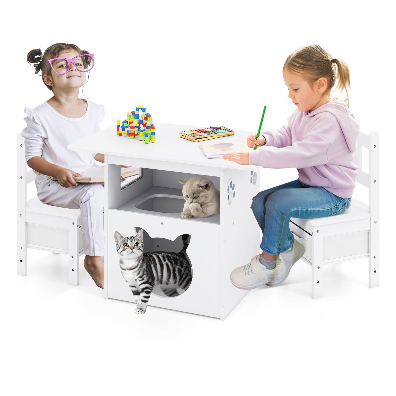 Alt View 9. Gymax - Gymax 3 PCS Kids Table and Chairs Set Furniture w/Cat House Hole & Window 2 Chairs - White.