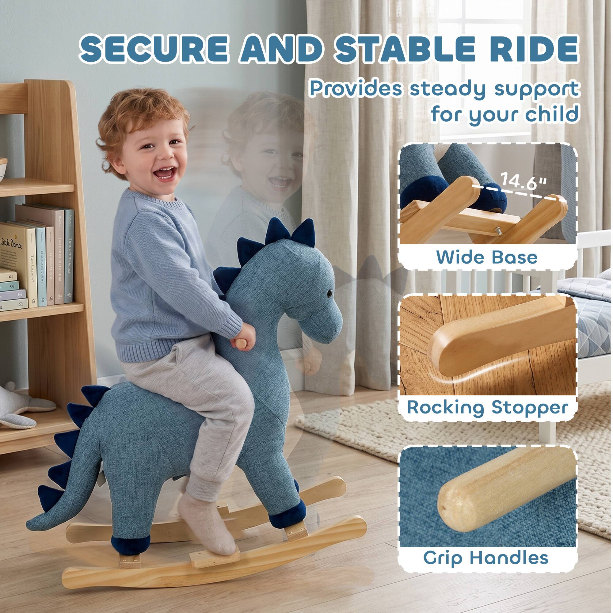 SECURE AND STABLE RIDE  
Provides steady support for your child  

14.6" Wide Base  
Rocking Stopper  
Grip Handles