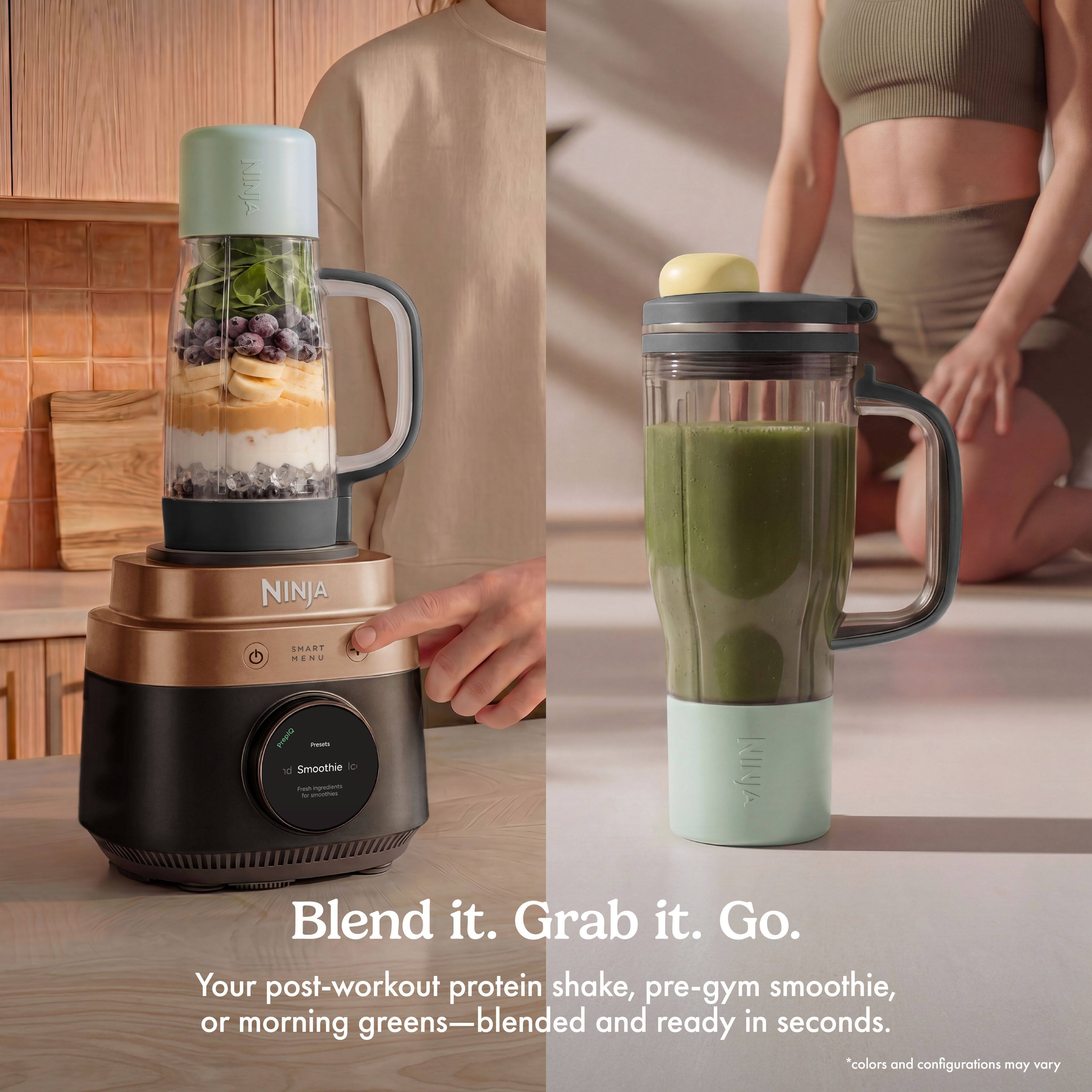 NINJA  
NINJA  
SMART MENU Drifand Paso't Smoothie NINJA Fush ingredients: by - Blend it. Grab it. Go. Your post-workout protein shake, pre-gym smoothie, or morning greens-blended and ready in seconds.  
*colors and configurations may vary