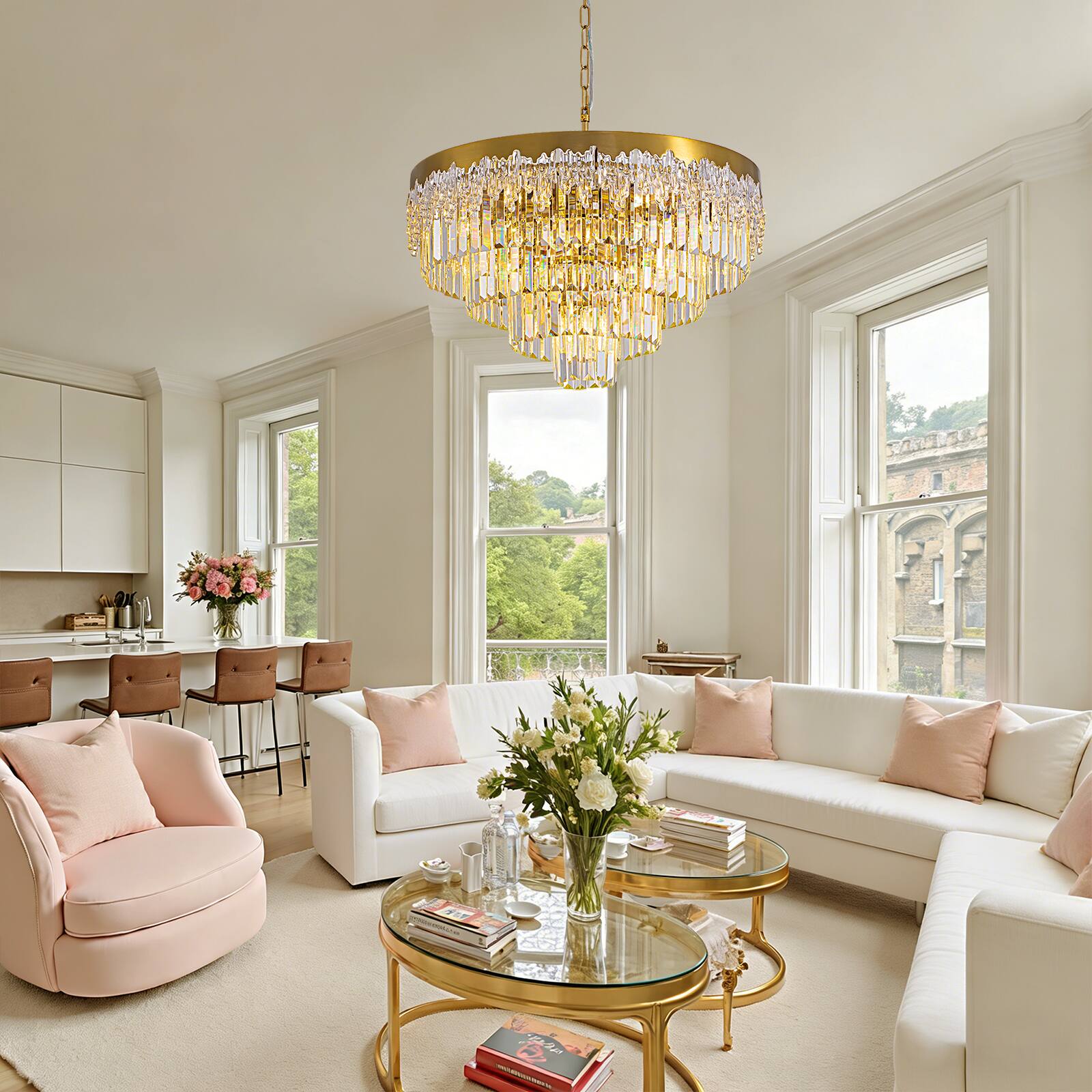 Back. Siljoy - 24 Inch Modern Tiered Crystal Chandelier, Glacier Textured Round Gold Pendant Light for Dining Room Living Room Foyer - GOLD.