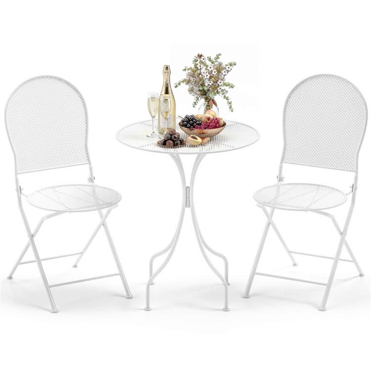 Front. Pefilos - 3 Piece Metal Bar Set with Patio Round Table and 2 Folding Chairs, Outdoor Bistro Sets Accent Furniture for Yard, Garden - White.