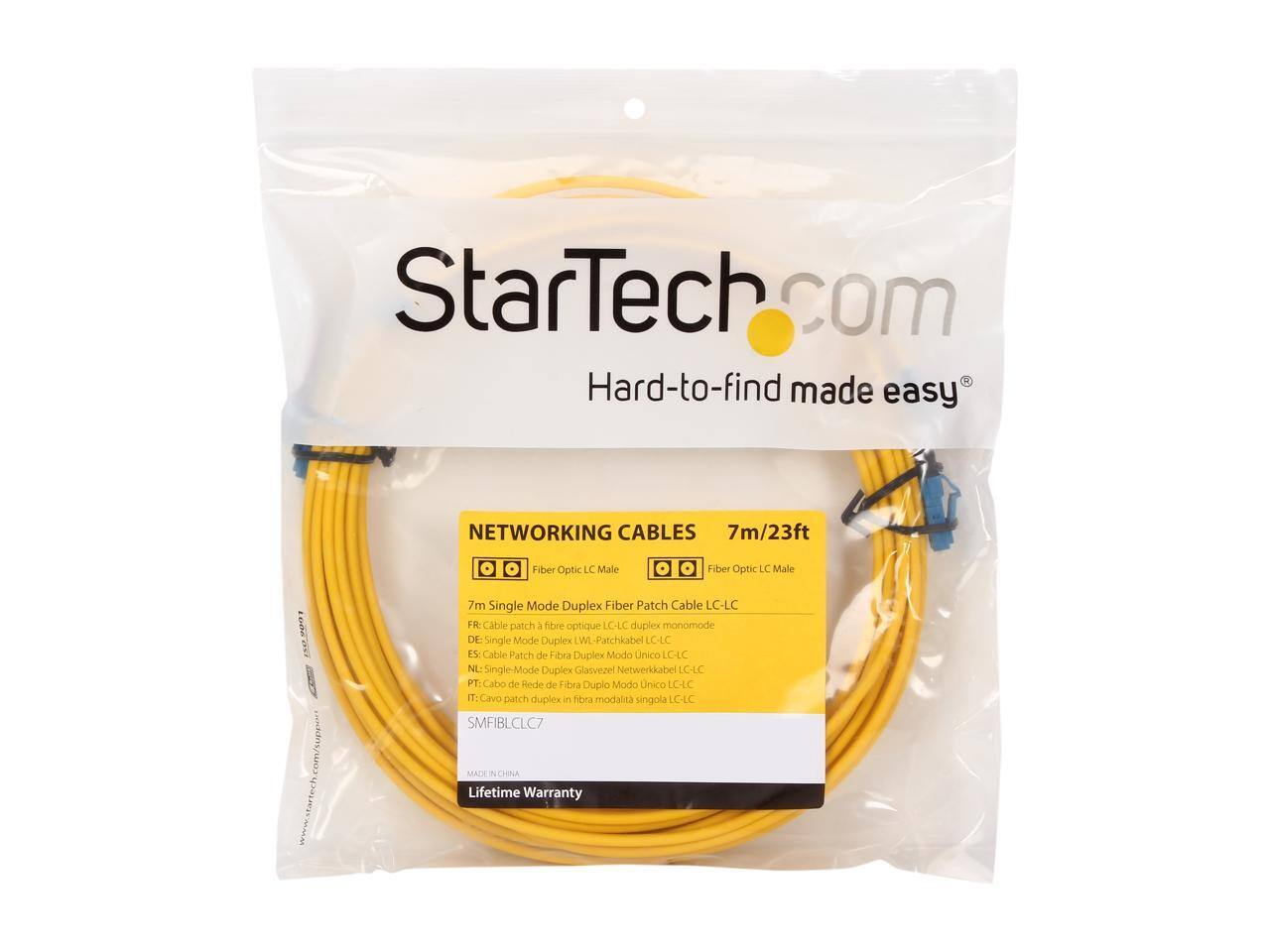 StarTech.com  
Hard-to-find made easy  

NETWORKING CABLES  
7m/23ft  

Fiber Optic LC Male  
Fiber Optic LC Male  

7m Single Mode Duplex Fiber Patch Cable LC-LC  

FR: Cable patch fibre optique LC-LC duplex monomode  
DE: Single Mode Duplex WL-Patchkabel LC-LC  
ES: Cable Patch de Fibra Duplex Modo Unico LC-LC  
NL: Single-Mode Duplex Glasvezel Netwerkkabel LC-LC  
PT: Cabo de Rede de Fibra Duplo Modo Unico LC-LC  
IT: Cavo patch duplex in fibra modulare singola LC-LC  

SMFIBLCLC7  

MADE IN CHINA  

Lifetime Warranty