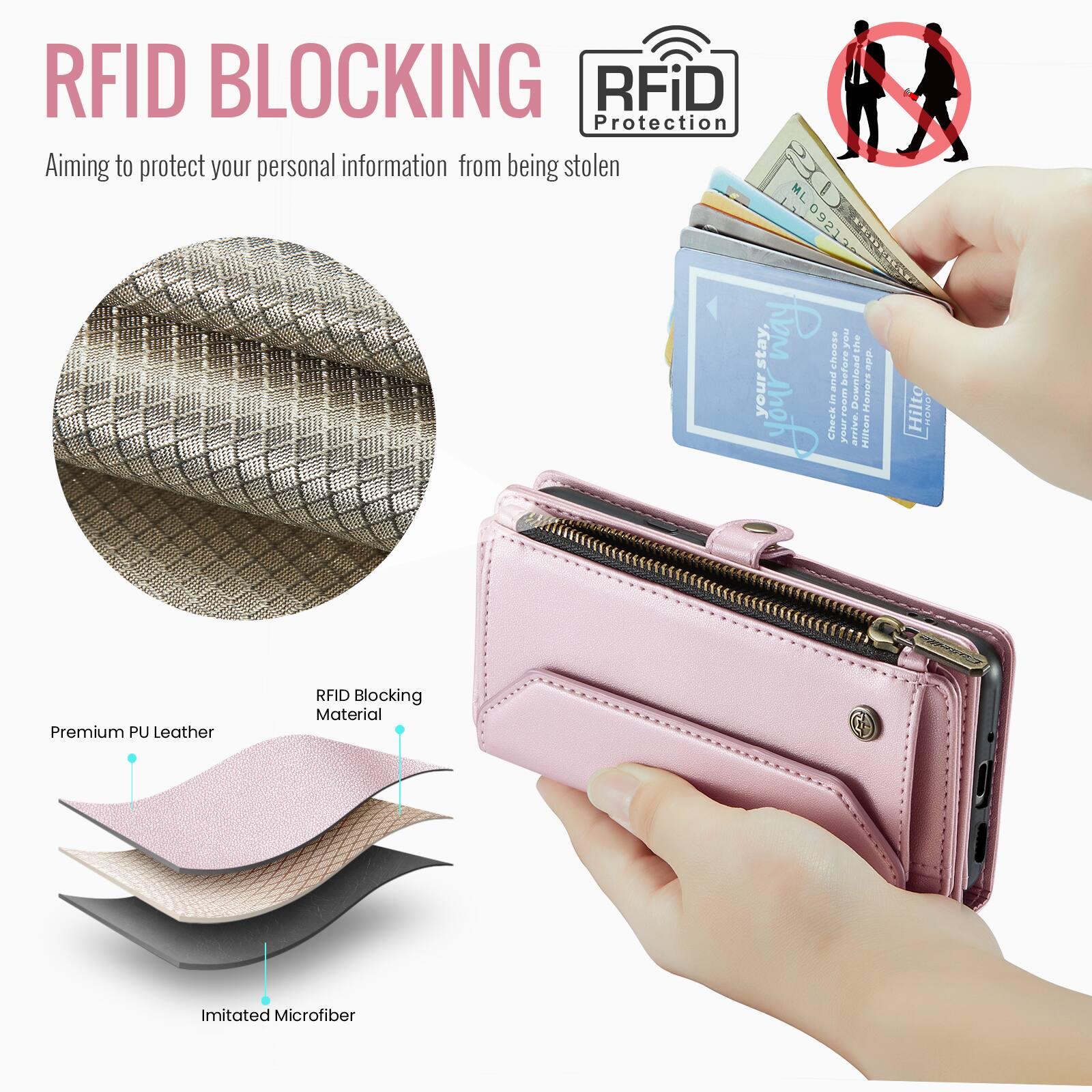 RFID BLOCKING  
Aiming to protect your personal information from being stolen  

RFiD Protection  

Premium PU Leather  
RFID Blocking Material  
Imitated Microfiber