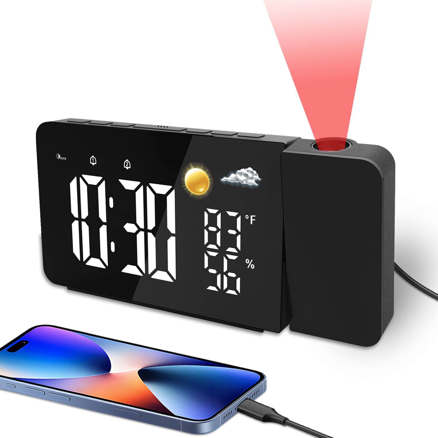 Dazzed Corner - Projection Alarm Clock with USB Port,Rotatable Projector - Black