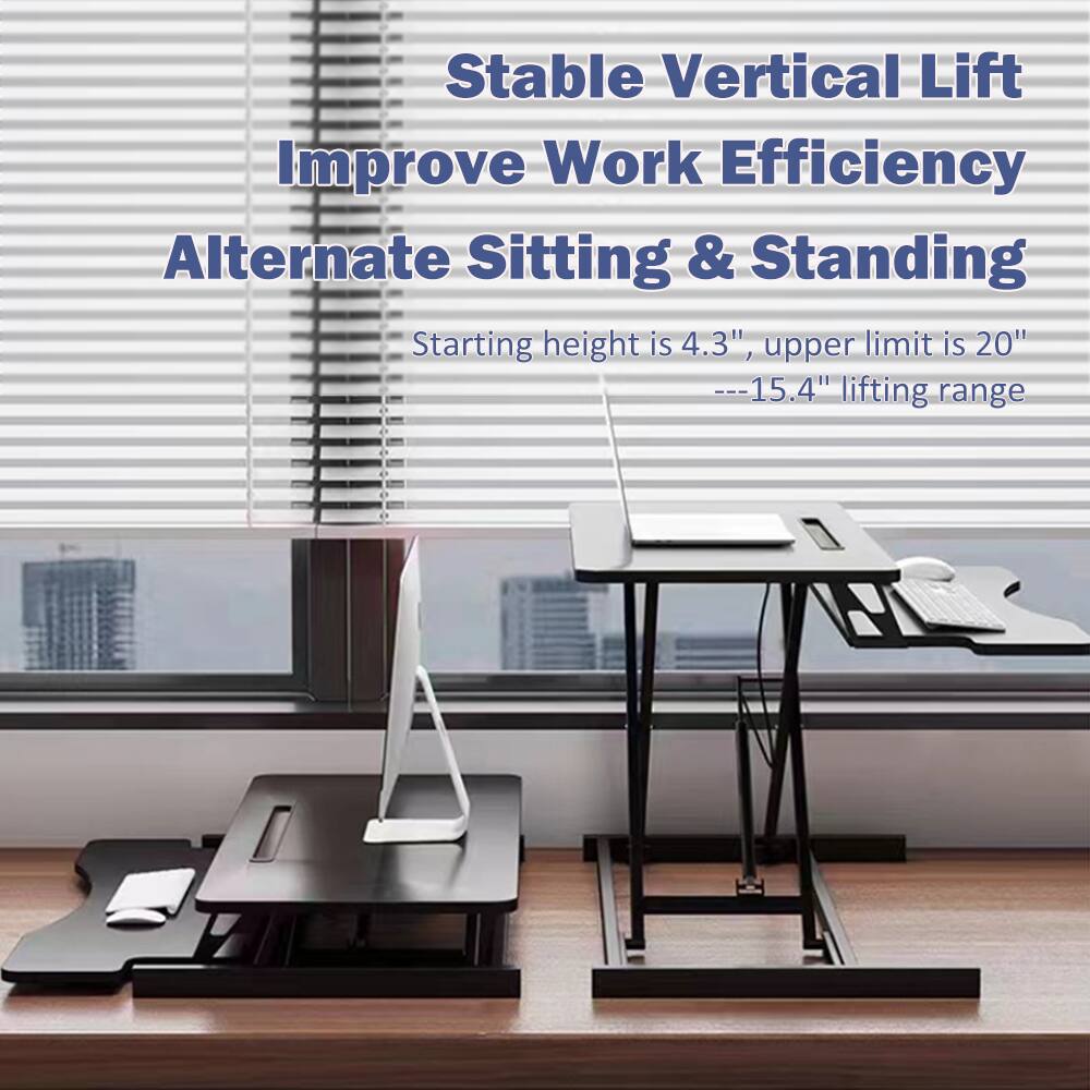 Stable Vertical Lift  
Improve Work Efficiency  
Alternate Sitting & Standing  

Starting height is 4.3", upper limit is 20"  
---15.4" lifting range